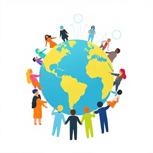 A stylized icon depicting interconnected figures of diverse abilities around a central globe, representing universal access and global inclusivity in digital spaces.