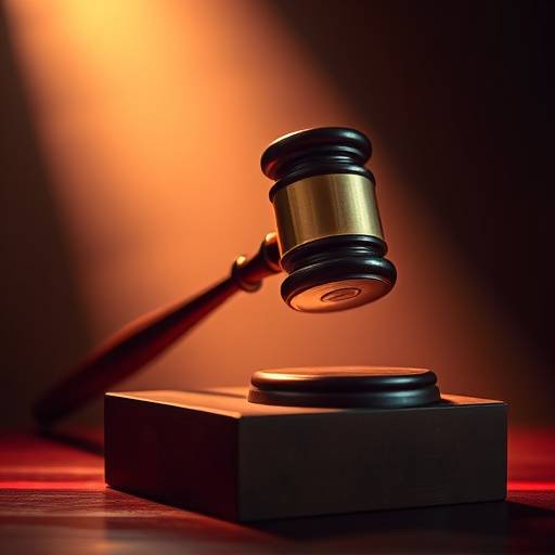 Abstract illustration of a gavel striking a sound block, symbolizing legal authority and the enforcement of intellectual property rights.