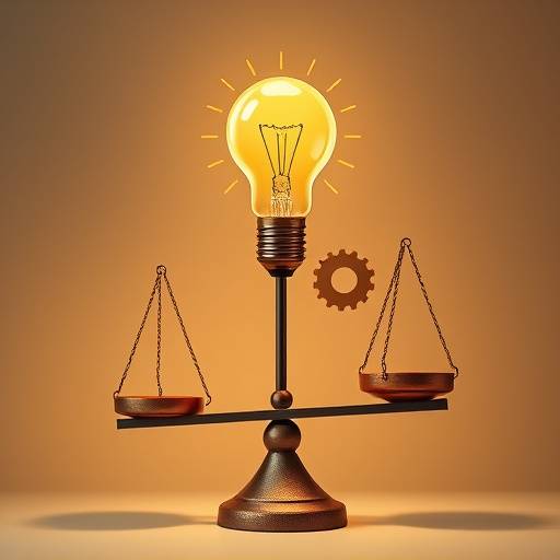 An abstract icon symbolizing critical thought and ethical decision-making, depicted as a stylized lightbulb with intricate gears inside, casting a spotlight on a balanced scale.