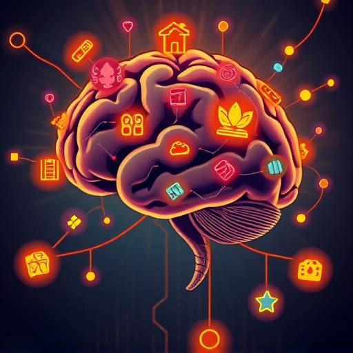 Conceptual graphic depicting a stylized human brain intricately connected to vibrant, illuminated icons representing popular video game elements like controllers, swords, and power-ups, symbolizing the capture and processing of player attention.