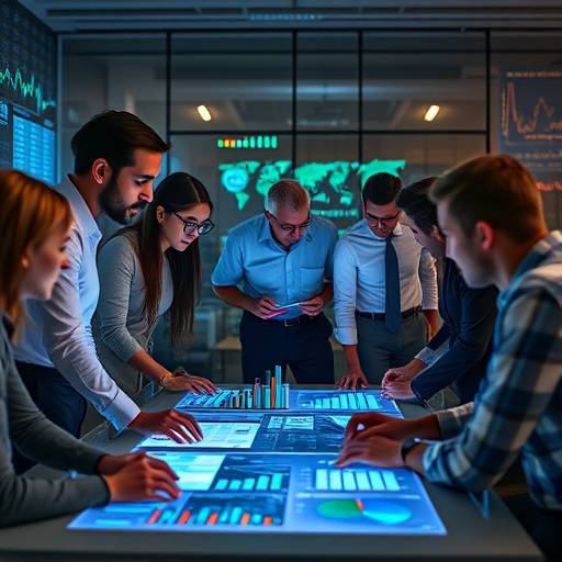 Conceptual illustration of a diverse team of professionals from various backgrounds, including gaming, psychology, and economics, collaboratively working around a table filled with charts, diagrams, and glowing digital interfaces, symbolizing shared discovery and insight into the attention economy.